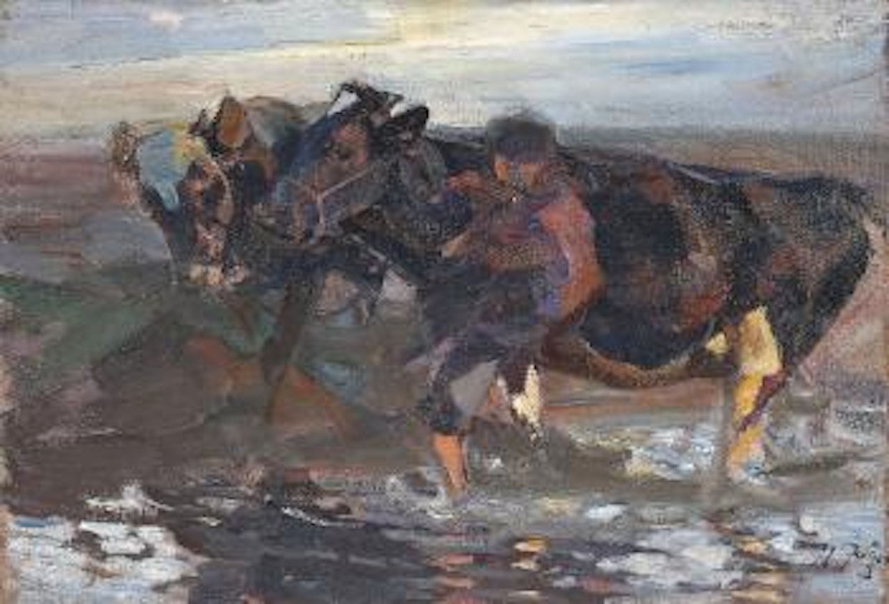 Durchs Wasser, Kämpfende Rinder by Heinrich von Zugel