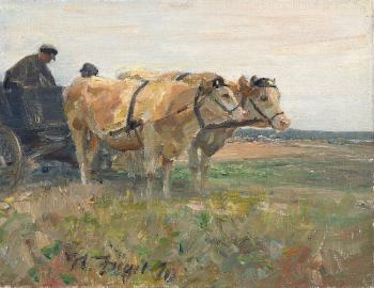 Zwei Kühe Mit Wagen by Heinrich von Zugel