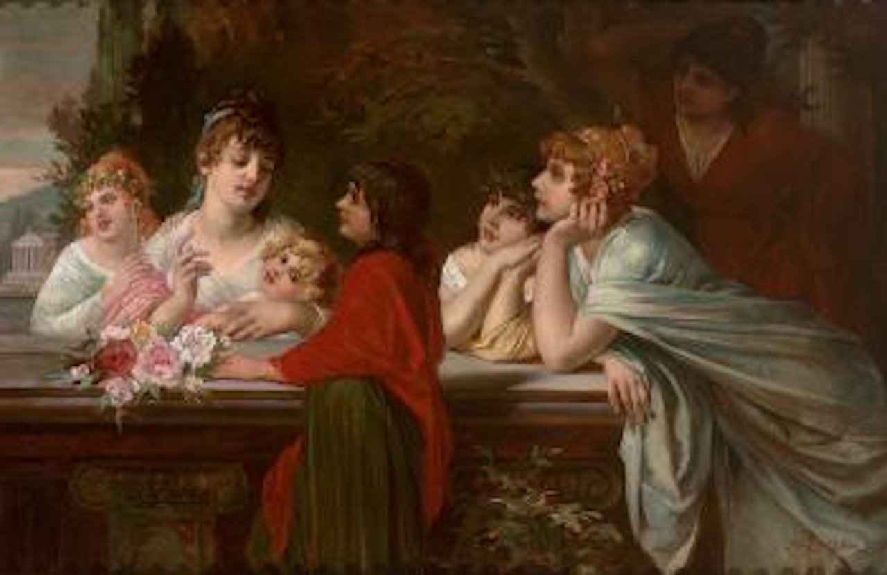 Familie im klassizistischen Habit an einer Balustrade vor Parkhintergrund by Hans Zatzka