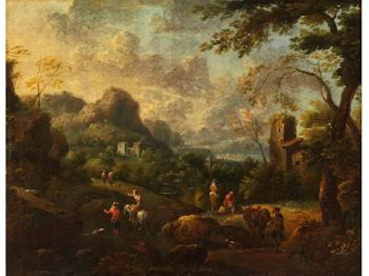 Bergige Ideallandschaft mit Ruinösen Gebäuden und Hirten auf einer Anhöhe by Pieter Bout