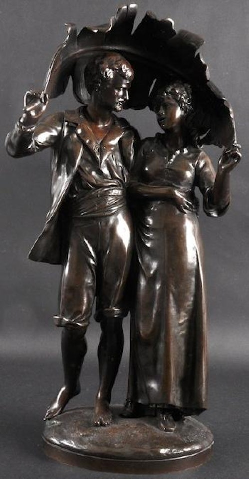 Male and female holding palm leaves for shelter by Albert-Ernest Carrier-Belleuse