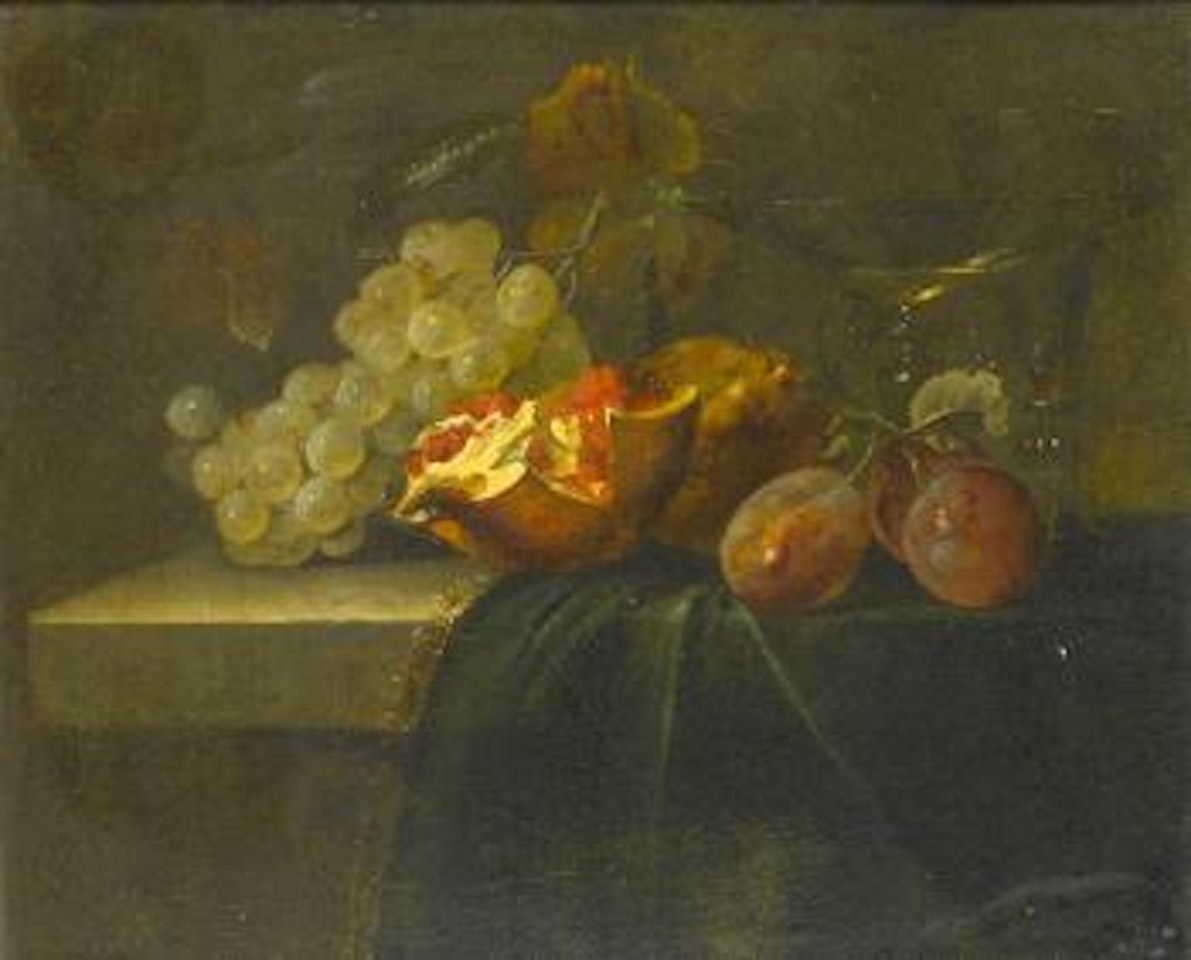 Still life with plums, promegranates, white grapes and two glasses on a draped table by Willem van Aelst