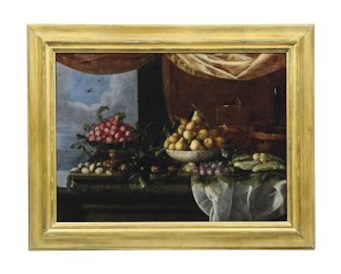 Pears, plums, cucumbers and avocados on a stone ledge by Italian School