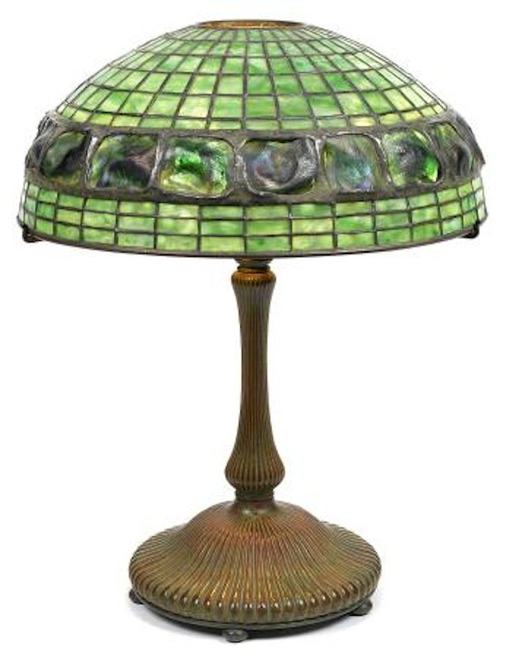 A Tiffany Studios Favrile glass and patinated bronze Turtleback tile lamp by Tiffany Studios