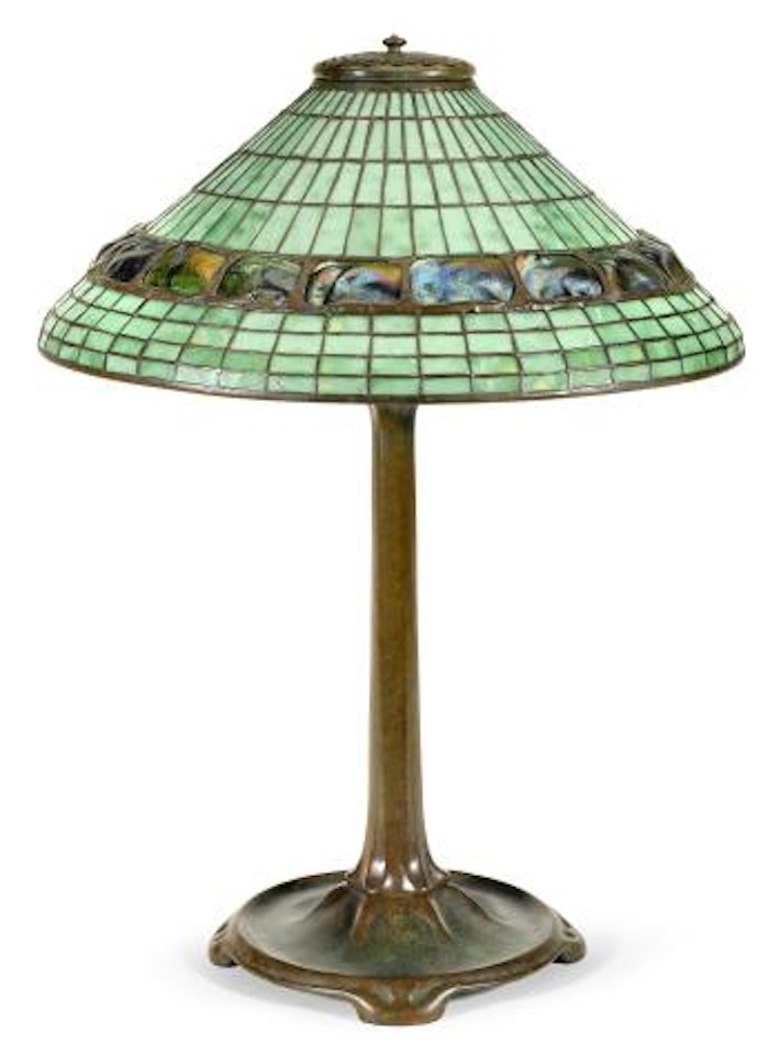 A Tiffany Studios Favrile glass and patinated bronze Geometric and Turtleback Tile table lamp by Tiffany Studios