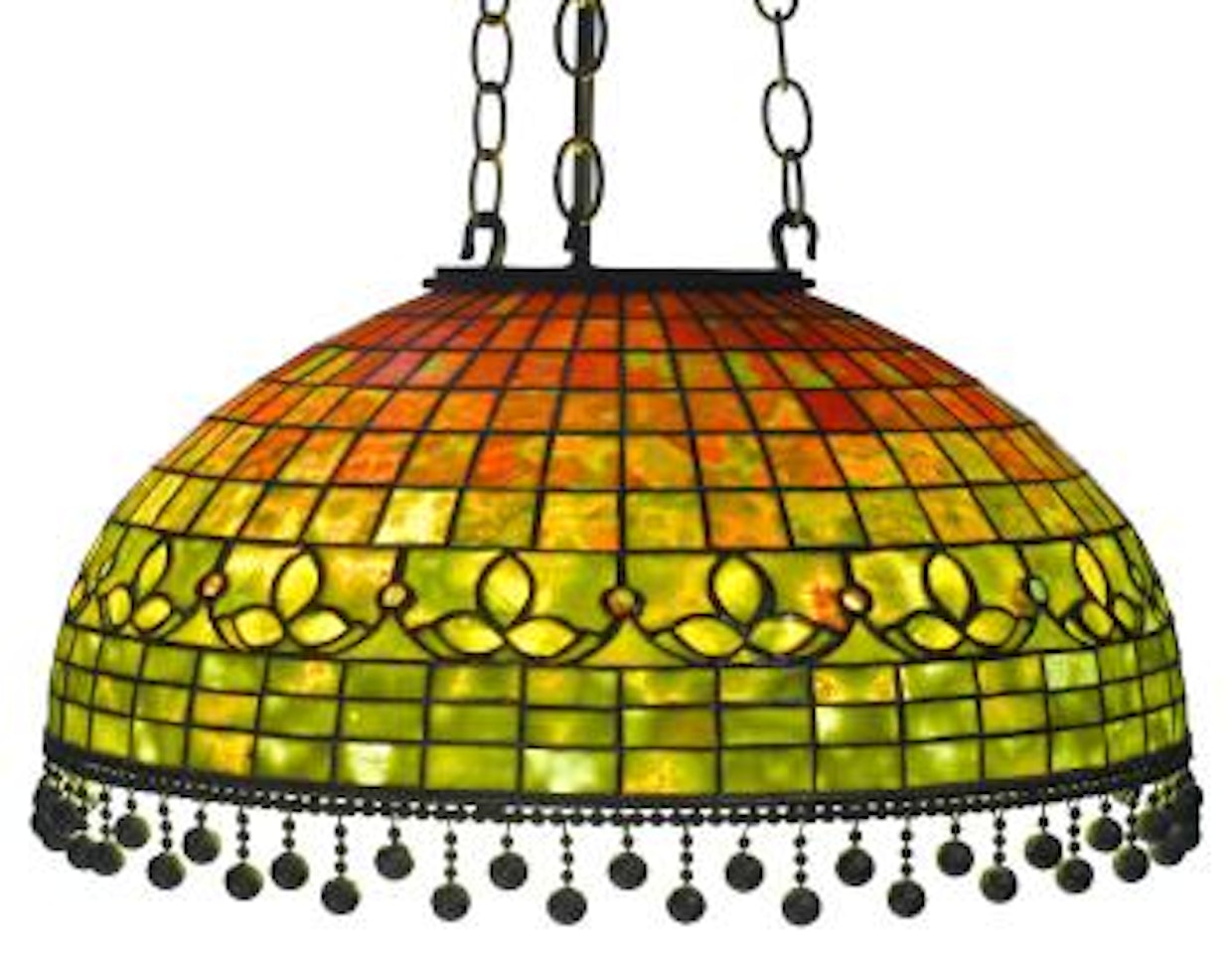A Tiffany Studios Favrile glass and patinated bronze Trefoil border hanging lamp by Tiffany Studios