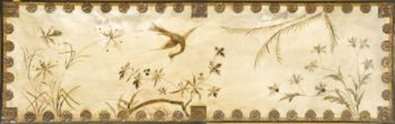 A Carlo Bugatti ebonized wood, bone inlaid, hammered copper overlaid and painted parchment settee by Carlo Bugatti
