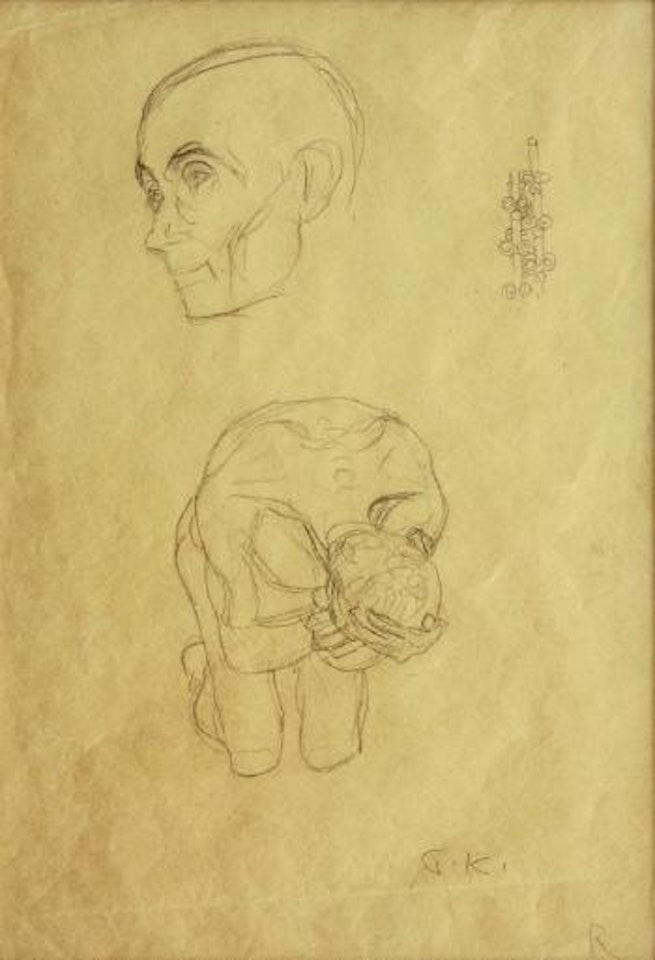 Kopf des 'Wohlgerusteten Starken', Ornament und verzweifelter, knieder, nackter Mann by Gustav Klimt