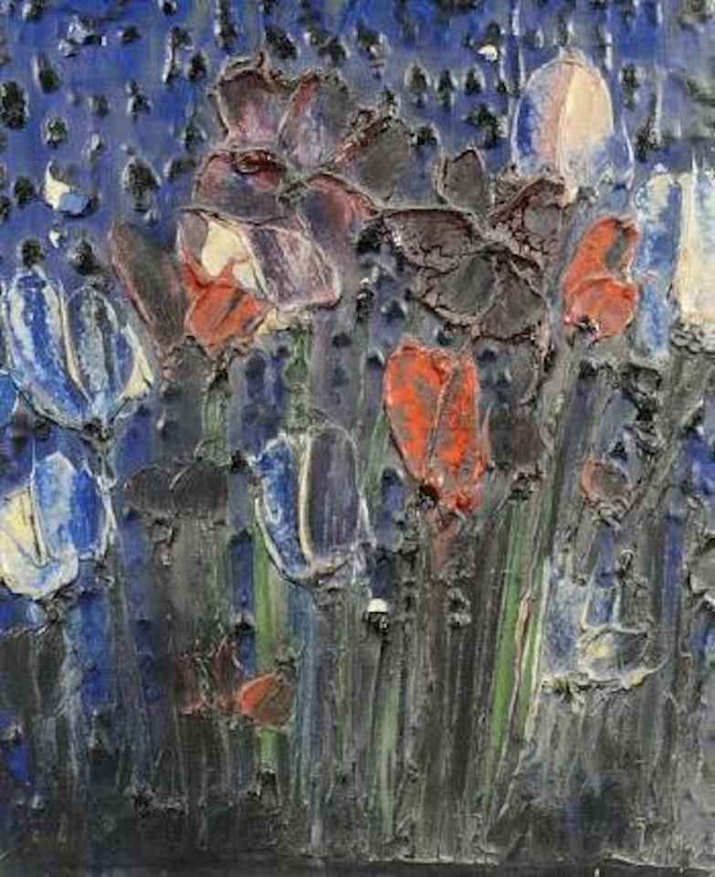 Fleurs rouges et blanches sur fond bleu by Thanos Tsingos