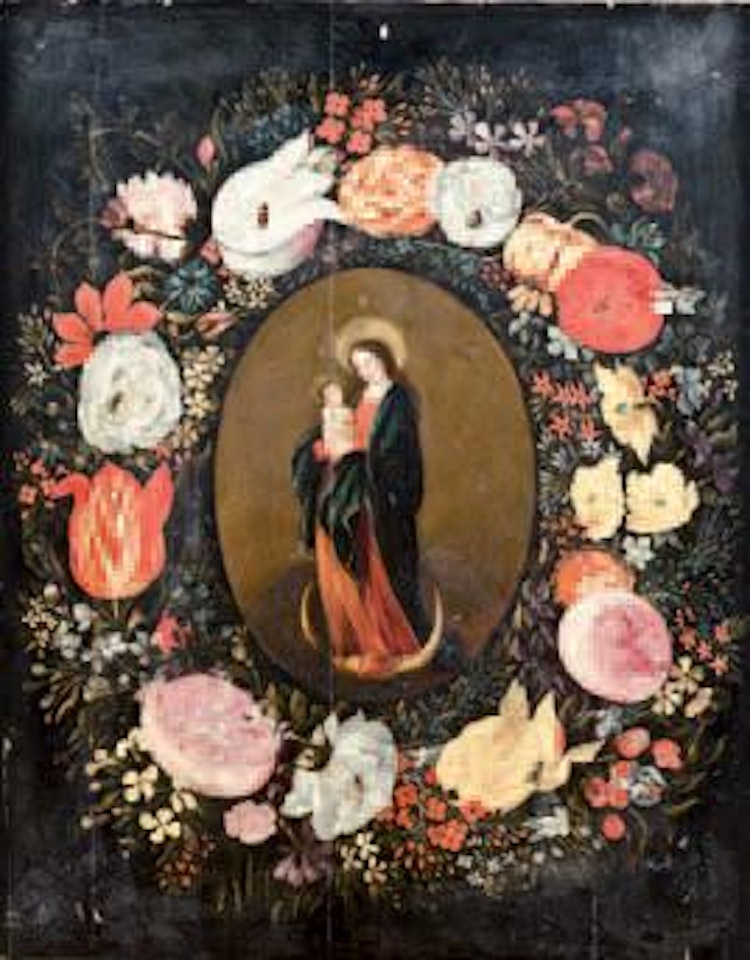 Madonna col Bambino entro ghirlanda di fiori by Andries Daniels by Frans Francken II
