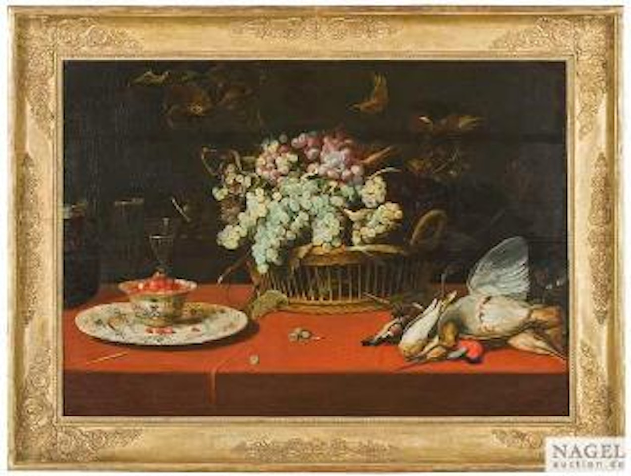 Stilleben mit Traubenkorb, erlegten Wildvögeln und Erdbeeren in einer Porzellankumme by Frans Snyders
