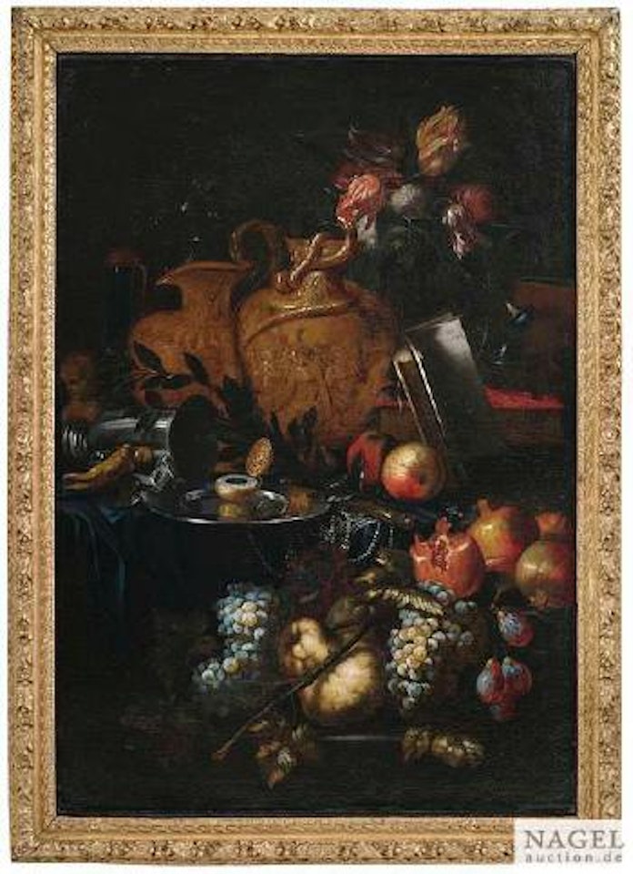 Vanitasstilleben mit Früchten, Uhr, gestürztem Becher, Buch, Totenschädel und reliefierten Schenkkannen by Pier Francesco Cittadini
