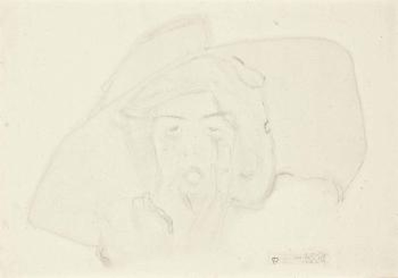 Kopf einer rufenden jungen Frau mit grossem Hut, Gesicht auf die Hände gestützt by Egon Schiele