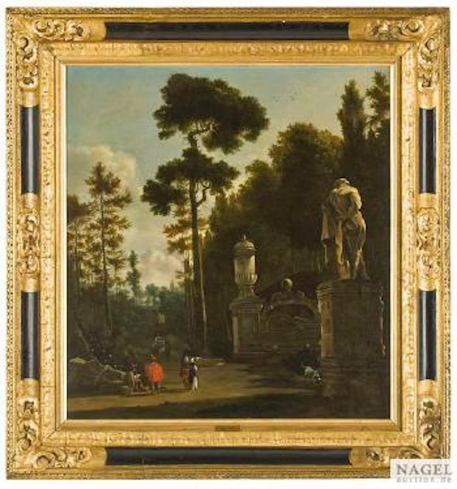 Parkallee mit eleganten Spaziergängern an einer Brunnenanlage by Isaac de Moucheron