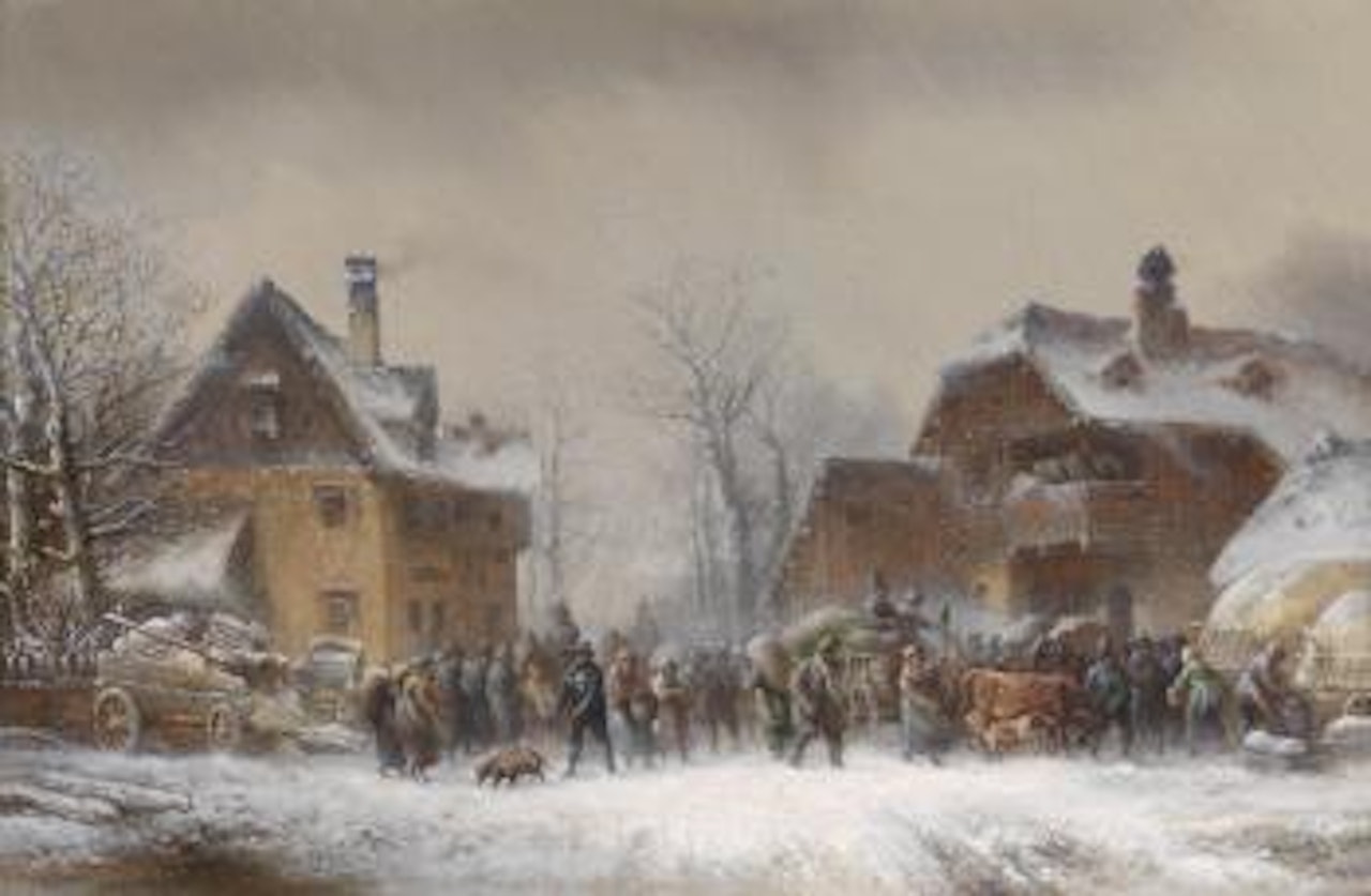 Hustle and Bustle in a Snowy Village in Winter by Anton Doll