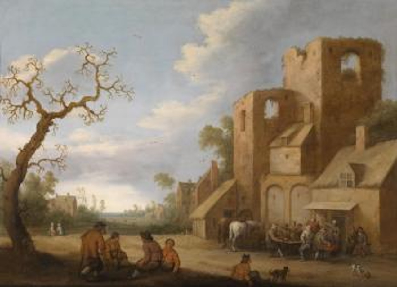 A village road with a party celebrating outside a tavern by Joost Cornelisz Droochsloot