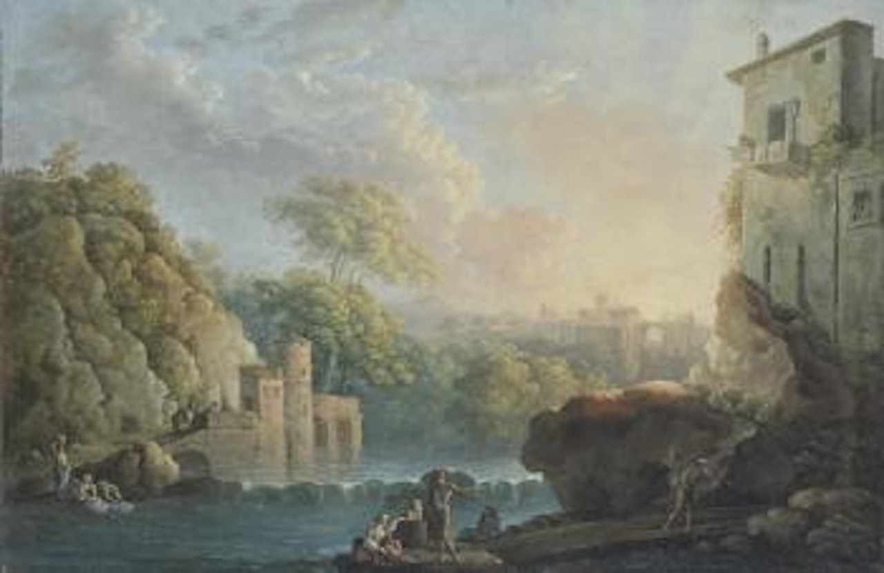 River landscape with washerwomen and fishermen resting in front of a waterfall; Landscape with ruins and travellers by Carlo Bonavia