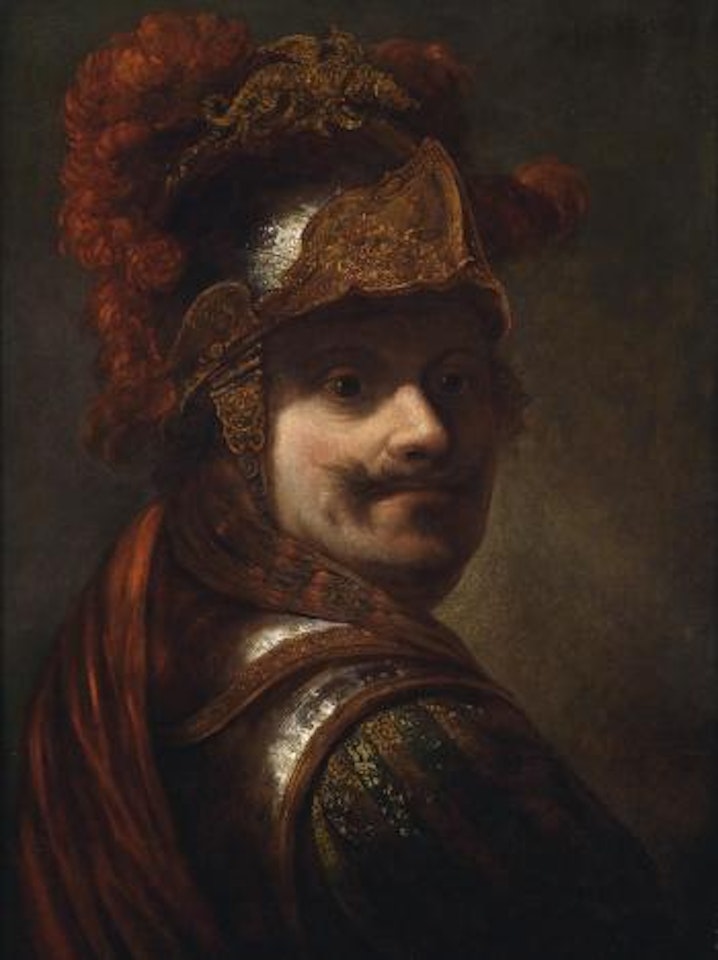 A trony of a man in a cuirass and plumed helmet by Attributed to Rembrandt Harmensz van Rijn