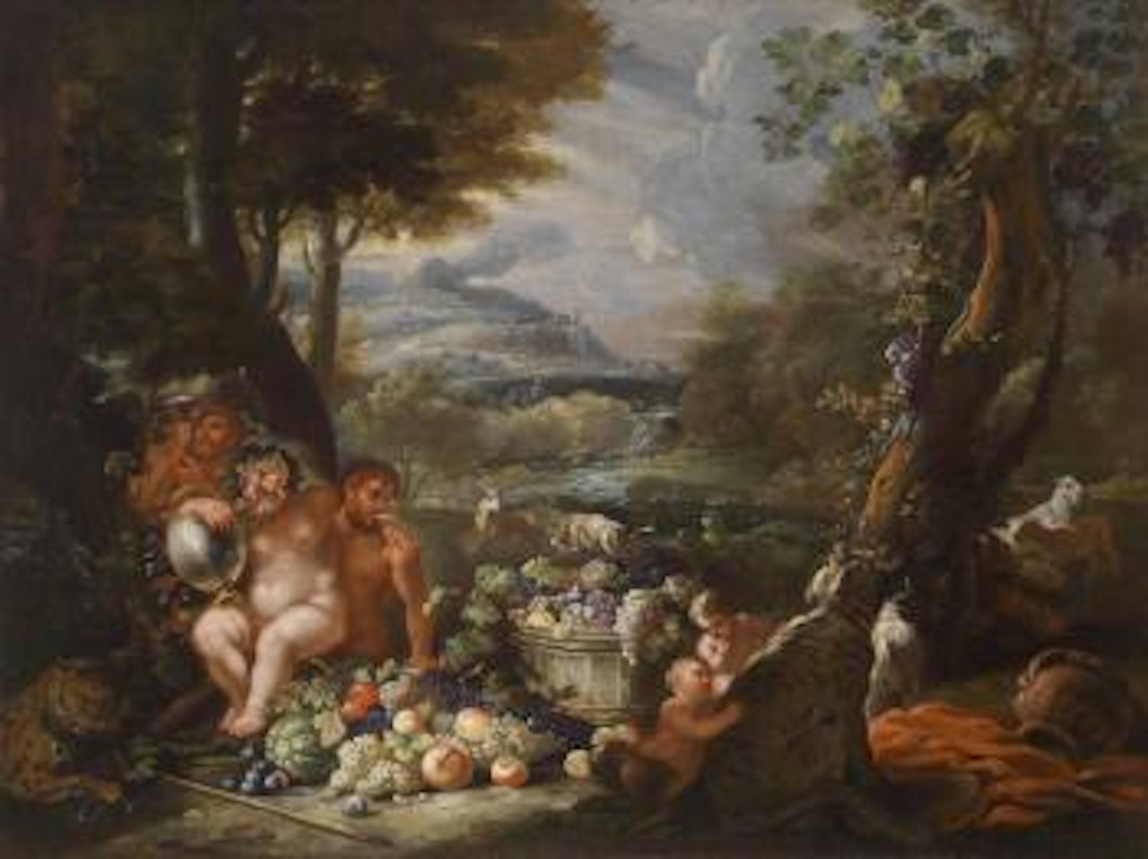Silenus with centaurs, leopards, and a butt filled with fruit against a wide river landscape by Abraham Brueghel