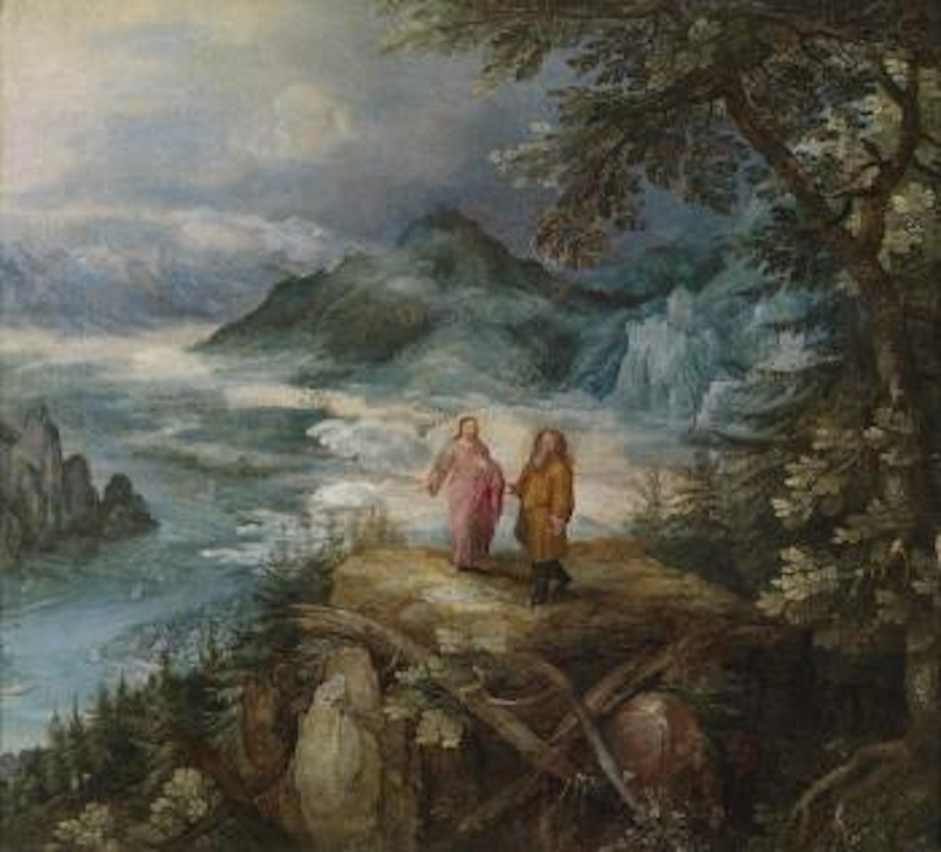 A wide mountainous landscape featuring The Temptation of Christ by Jan Brueghel the Younger