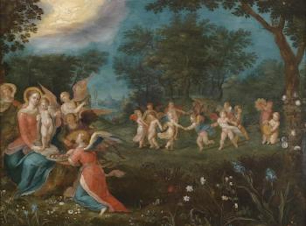 The Virgin and Child with angels making music and an angel with a bowl of fruit by Frans Francken by Abraham Govaerts