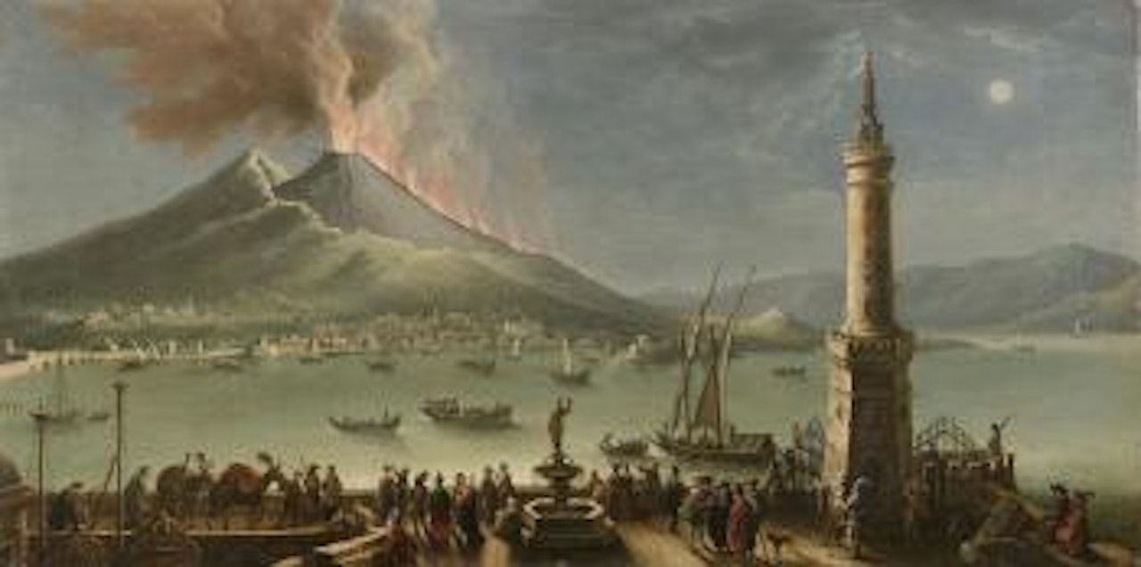 View of Vesuvius from the harbour mole at Naples with bystanders by Gennaro Greco