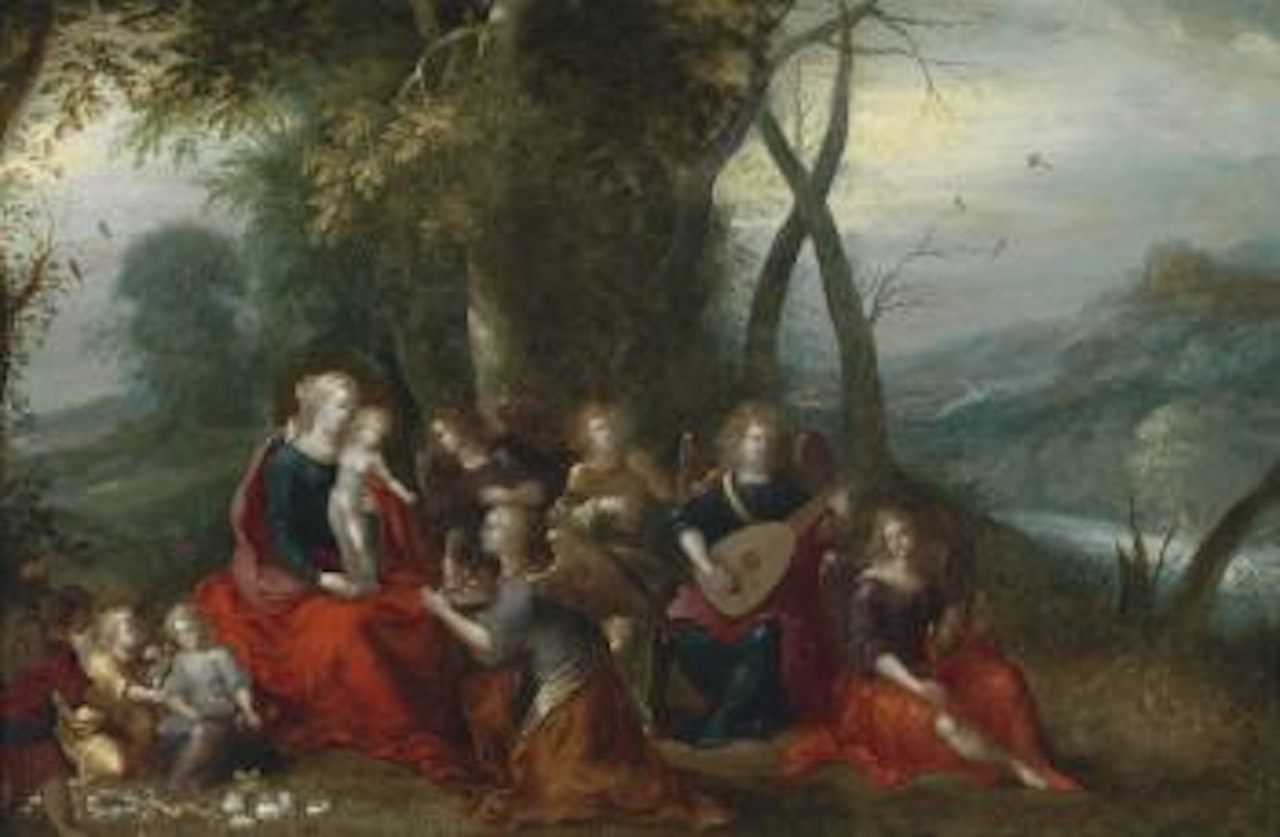 Landscape with Virgin and Child and angels by Louis de Caullery by Abraham Govaerts