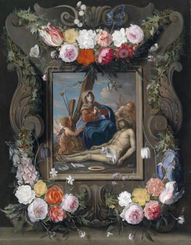 A cartouche decorated with flowers with a depiction of the lamentation of Christ by Jan Van Kessel The Elder