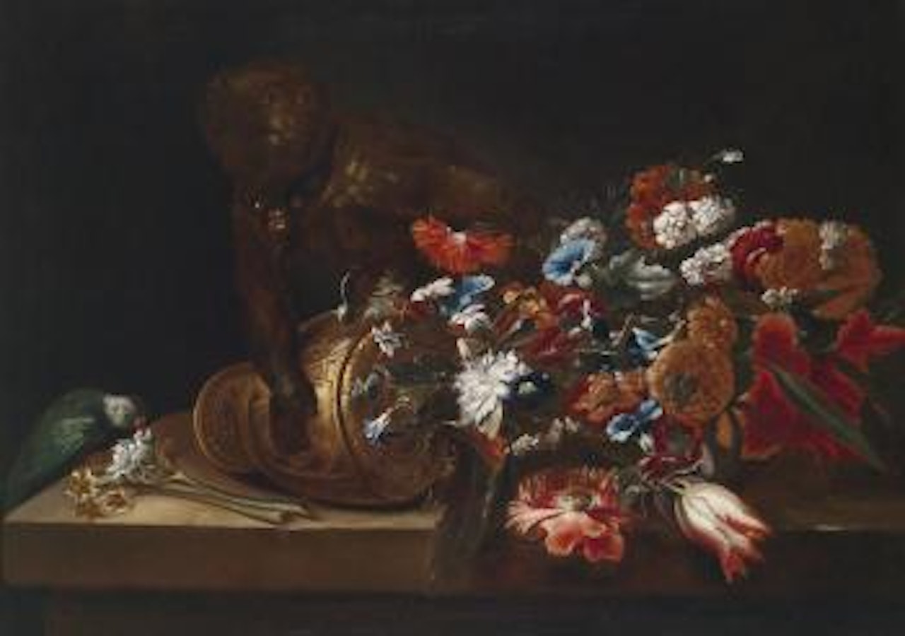 A floral still life with a monkey and a parrot by Roman School
