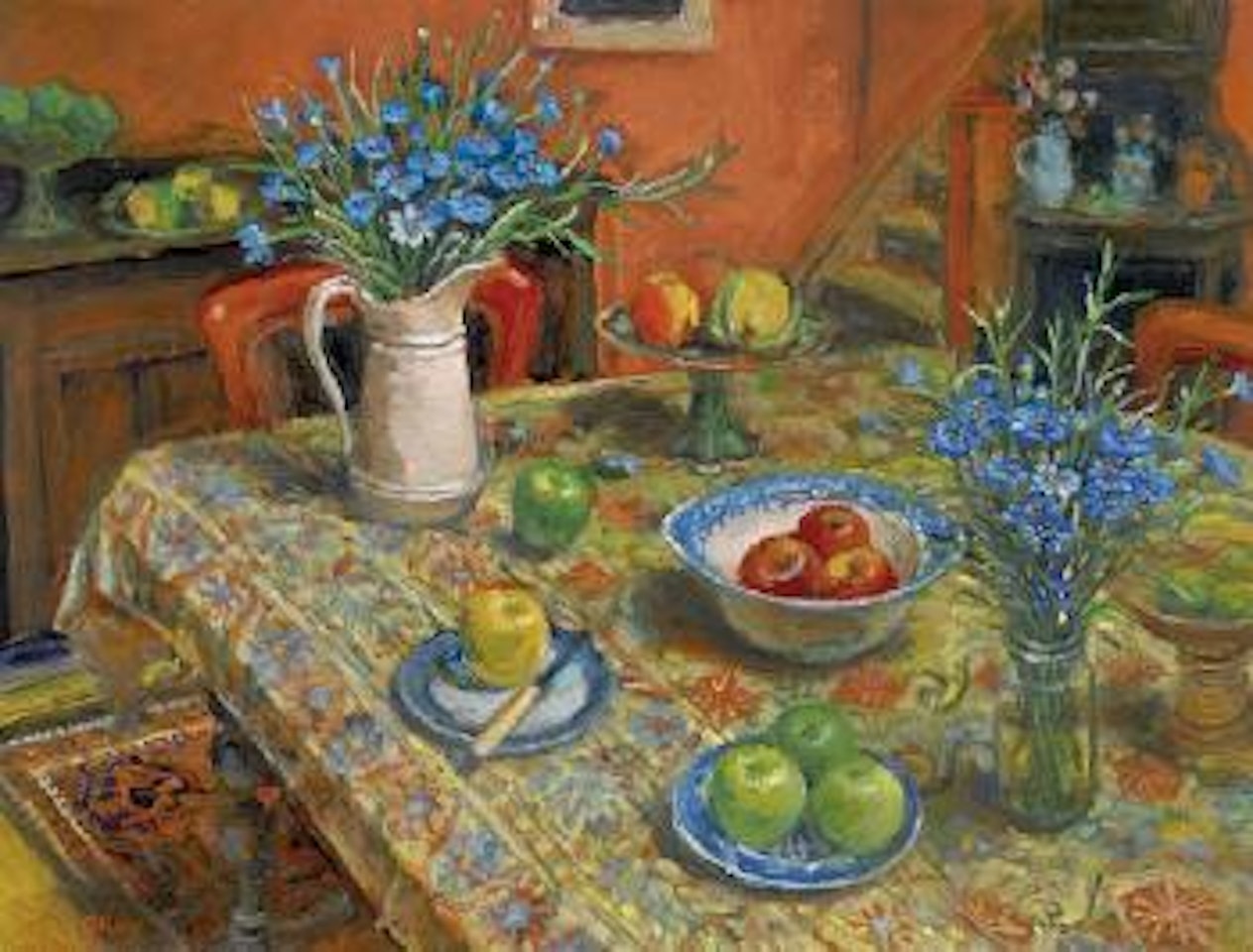 Yellow Tablecloth With Cornflowers by Margaret Hannah Olley