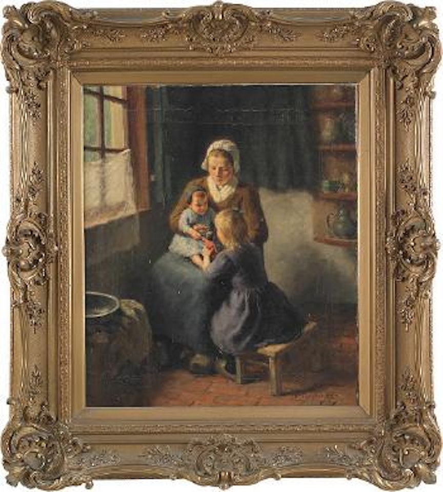 Interior scene of a mother and two children by Hendrik Heyligers