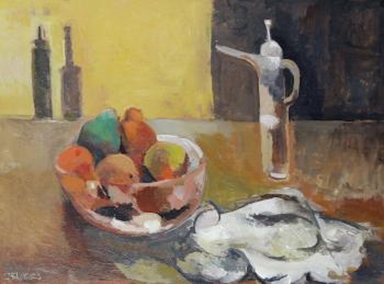 Still life with coffee pot and fruits by Cecil Skotnes