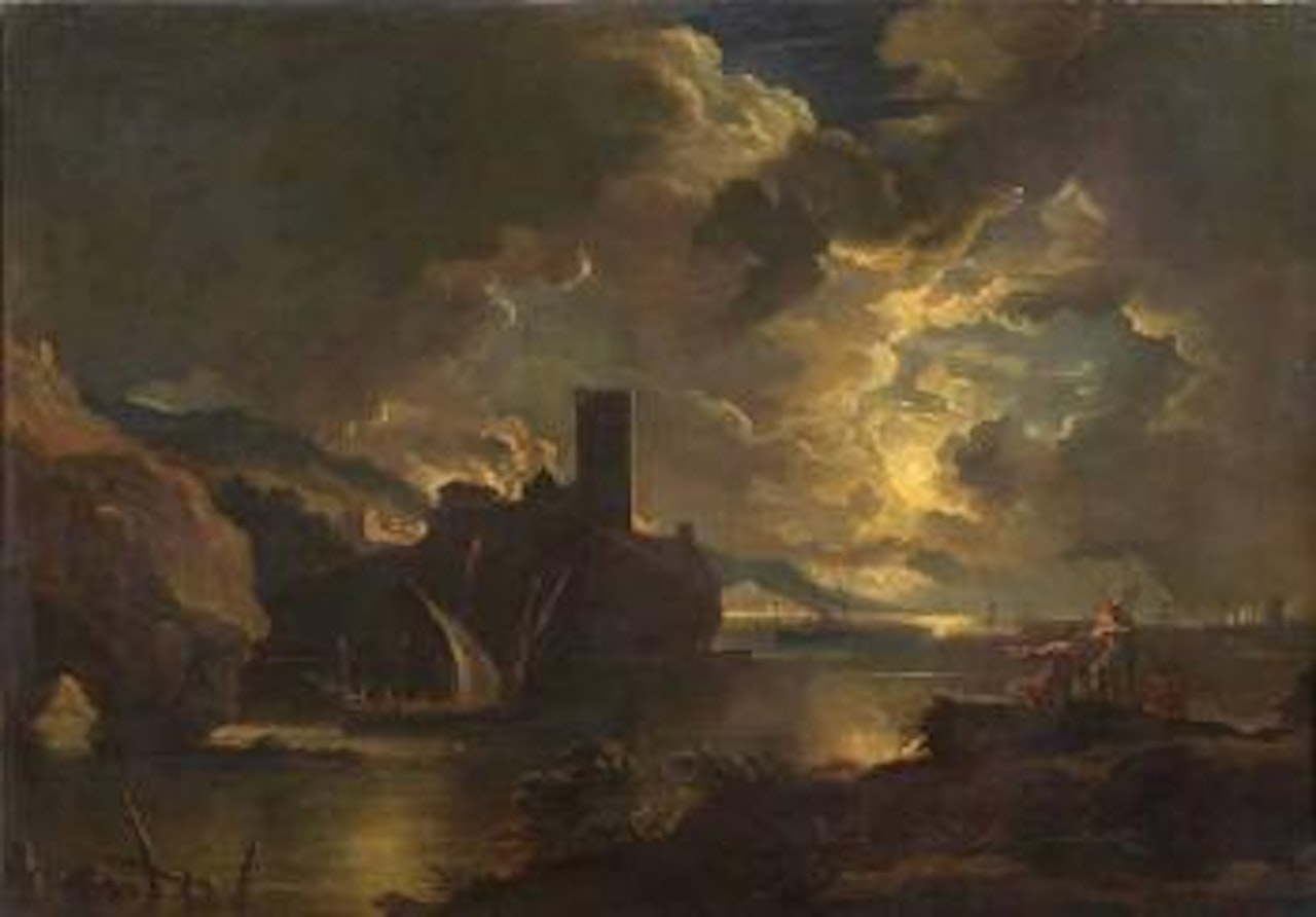 Veduta costiera con figure in notturno by Pieter Mulier II