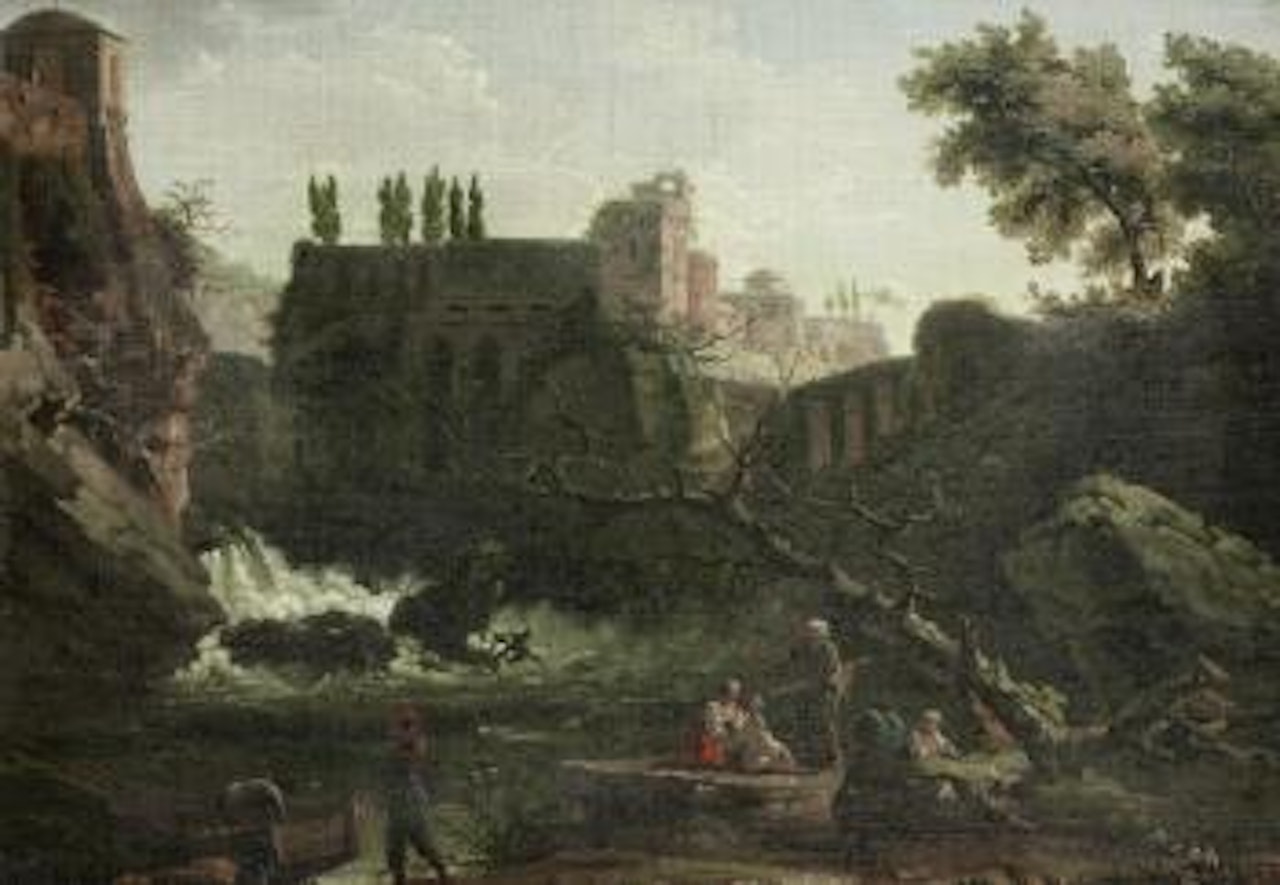 Figures seated before an Italianate landscape, with a waterfall in the distance and a villa on the horizon by Carlo Bonavia