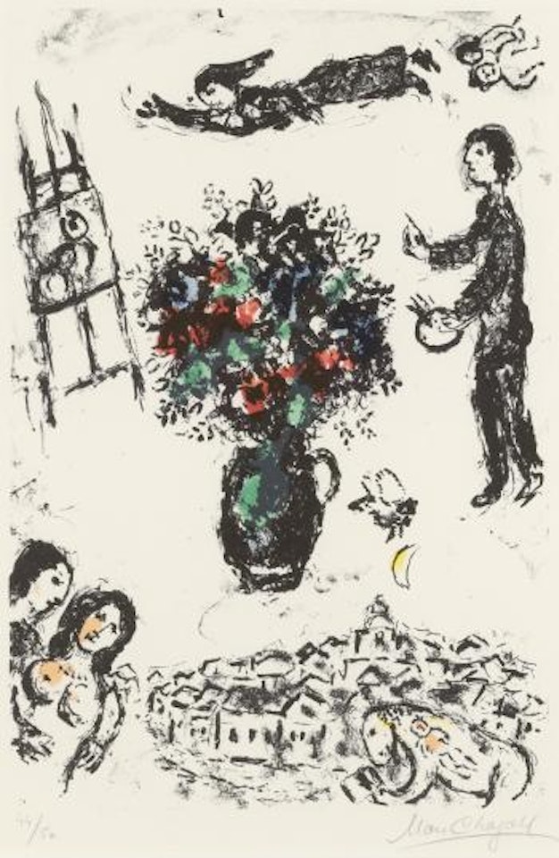 Bouquet over the Town (M. 1009) by Marc Chagall