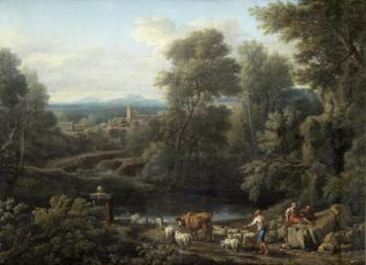 A drover and other figures by a stream in a classical landscape by John Wootton