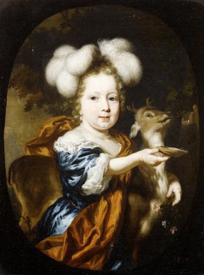 Portrait of a young girl, three-quarter-length, in a blue silk dress and russet shawl, her arm around a young deer, holding a sprig of flowers and a shell before a fountain, within a painted oval by Nicolaes Maes
