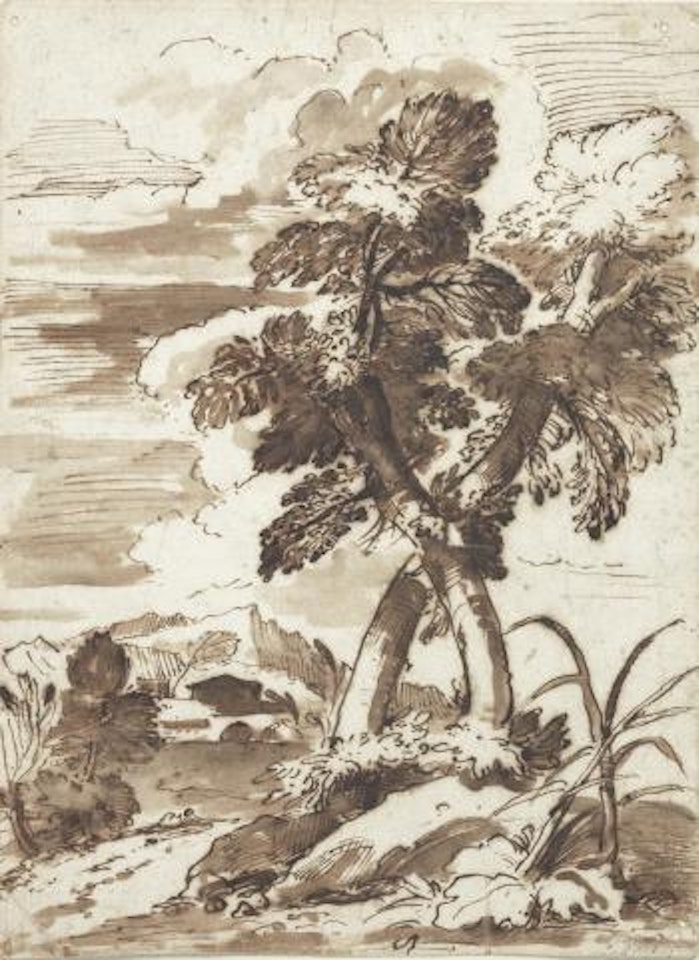 A mountainous landscape with two intertwining trees in the foreground by Pier Francesco Mola