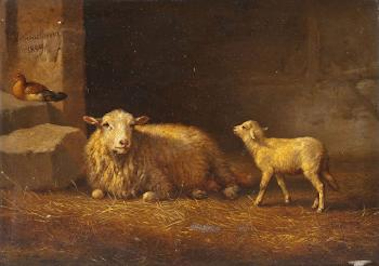 Lamm mit Mutterschaf im Stall by Eugène Joseph Verboeckhoven