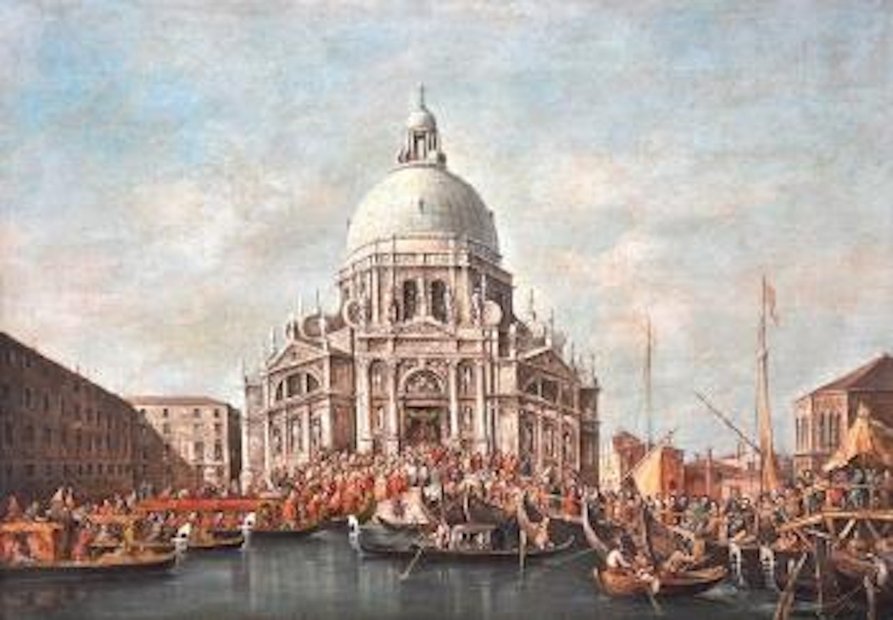 A scene in Venice, with numerous figures outside a church by Canaletto
