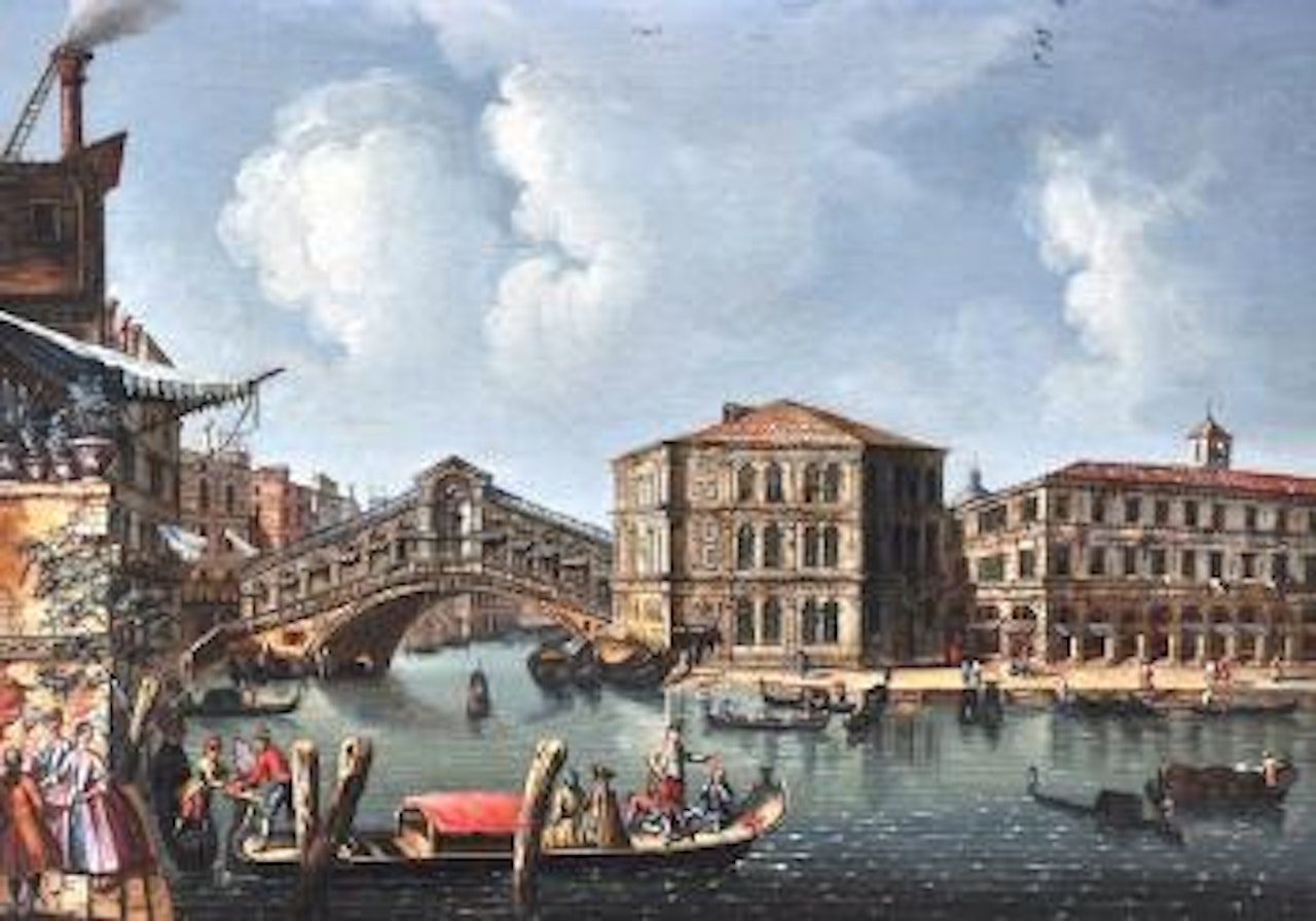 A Venetian canal scene with elegant figures by a Gondola, and the Rialto bridge beyond by Italian School
