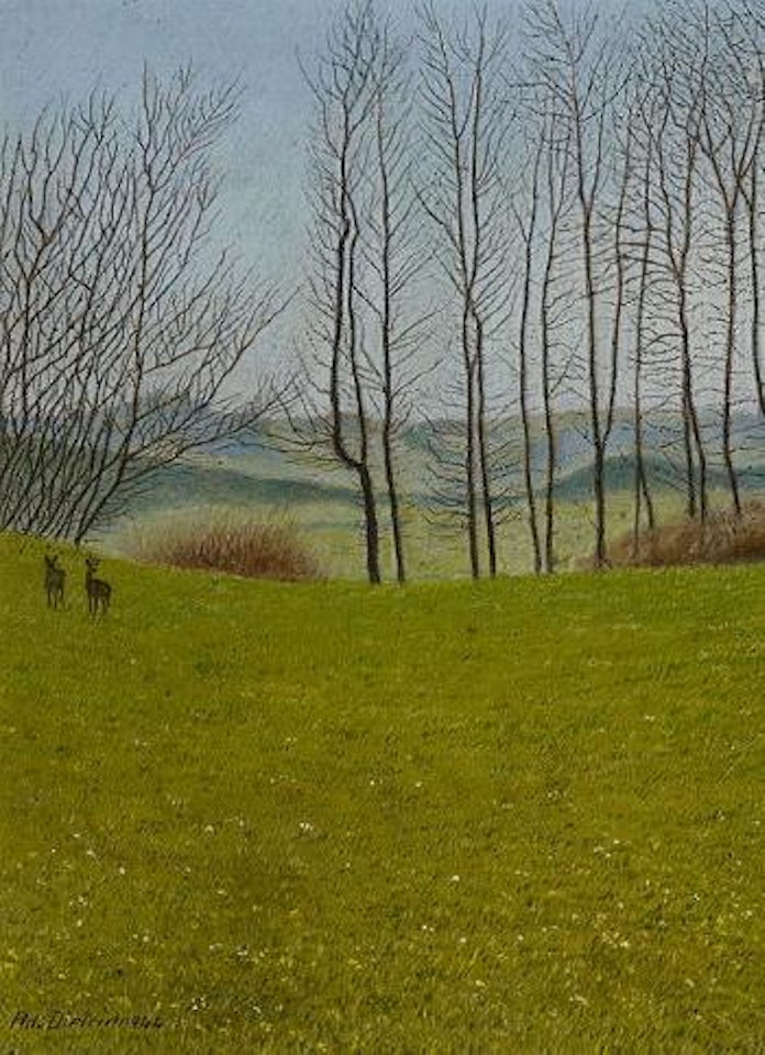 Wiese mit zwei Rehen vor Hügellandschaft by Adolf Dietrich