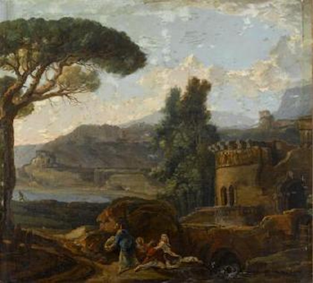 Lavandières at a stream, in a classical landscape with ruins by Hubert Robert