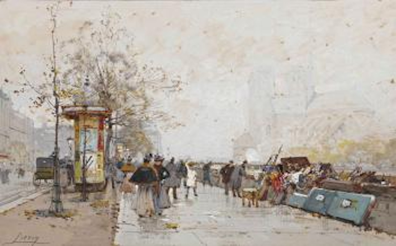 Les quais de Seine, Notre-Dame de Paris à l'arrière-plan by Eugene Galien-Laloue