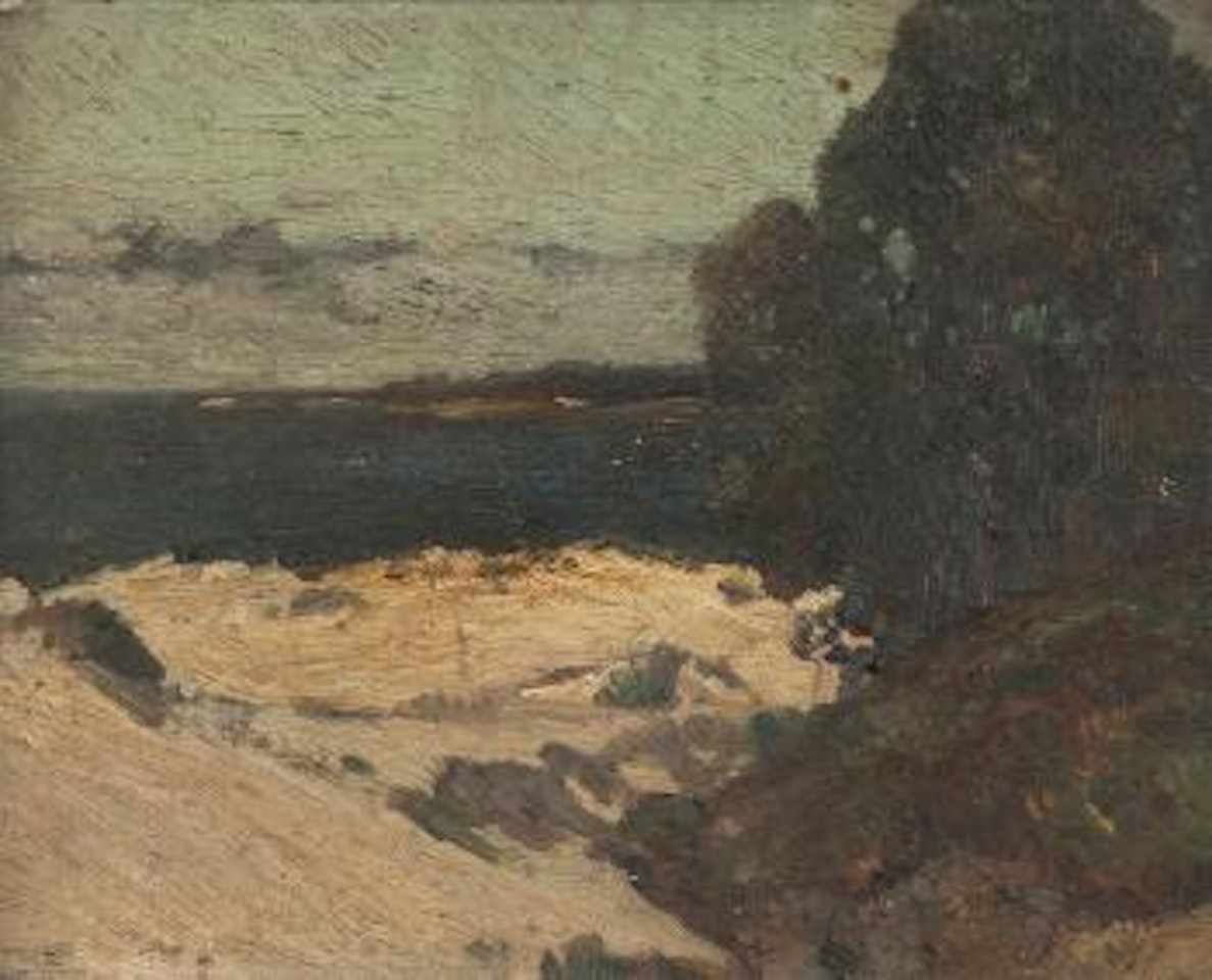 View of the ocean with foreground trees and beach by William Ritschel