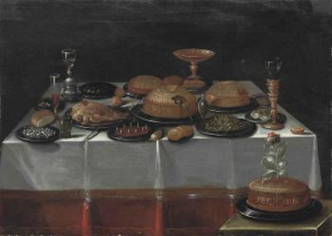 Pies, an artichoke, oysters, a guineafowl, sweetmeats and olives on pewter platters, glasses of wine, a roemer, a tazza, bread and other objects on a draped table, and a cake with a flower on a stool by Flemish School