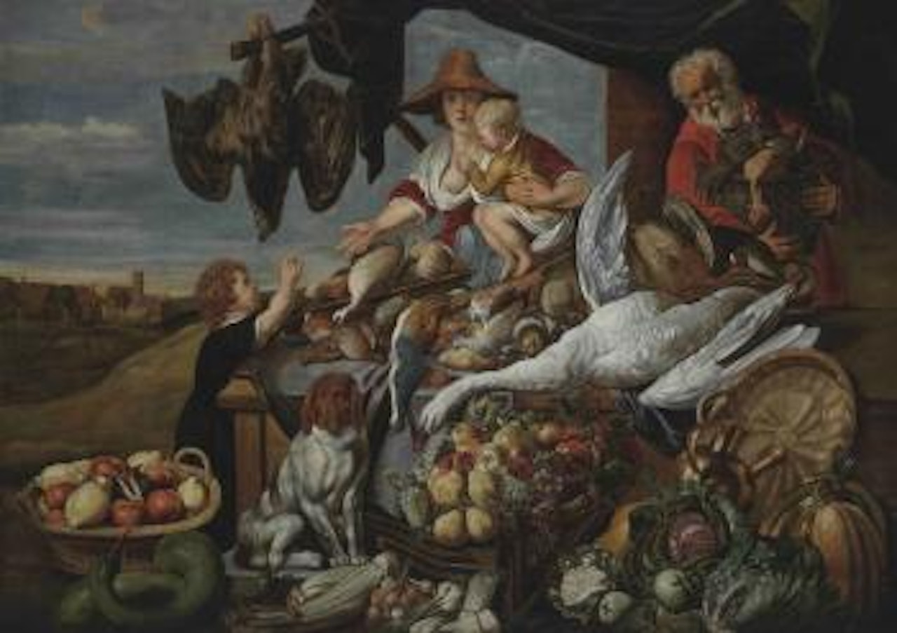 A market stall with birds, fruit and a hound dog by Jacob Jordaens