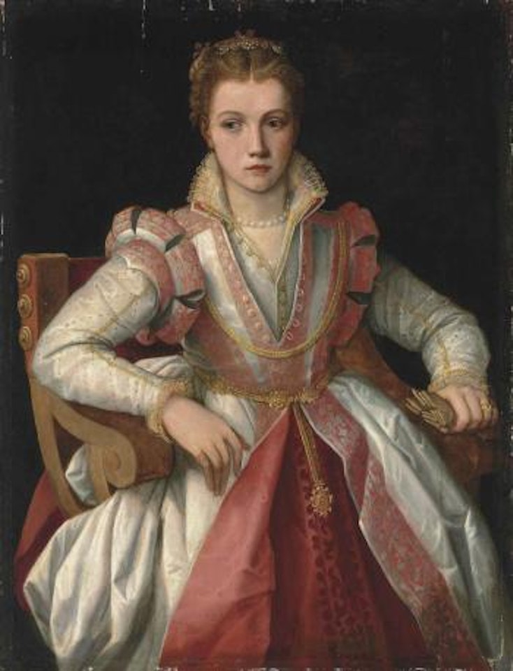 Portrait of a lady, half-length, in a richly embroidered, high-necked white dress with pink trim, a jewelled headdress and pearl necklace, seated holding gloves in her left hand by Francesco Salviati