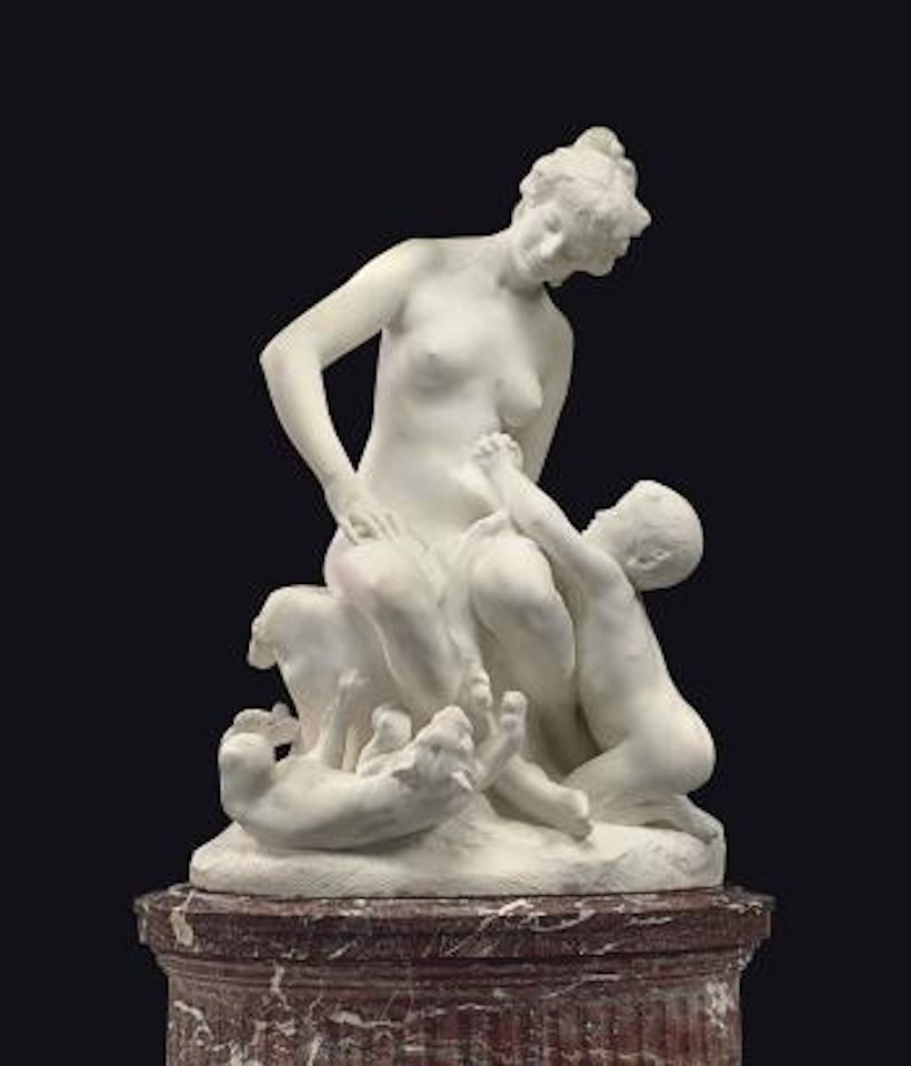 A Life-size French Marble Figural Group, On Pedestal by Marius Jean Antonin Mercie