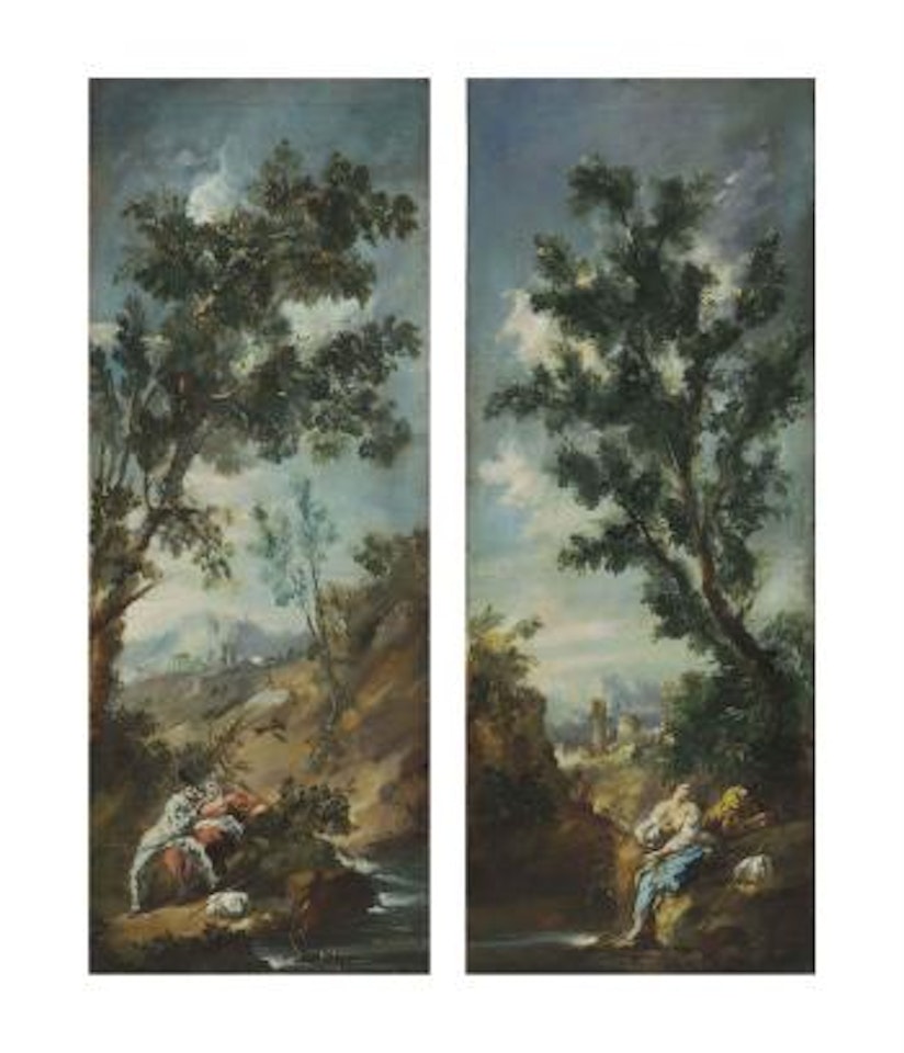 A landscape with a couple embracing by a stream; and A landscape with ruins and figures by a stream by Alessandro Magnasco